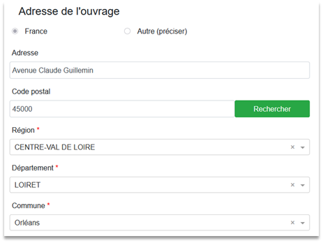 champs contenant l'adresse postale associée automatiquement à l'ouvrage