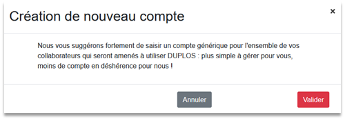 Message d'avertissement concernant l'utilisation recommandée d'un courriel de connexion générique