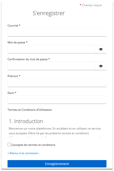 Saisie du courriel générique, du mot de passe du compte et du prénom et nom de l'utilisateur et validation des conditions d'utilisation de Duplos
